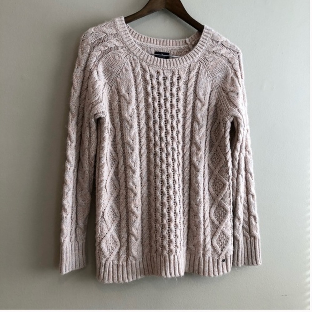 American Eagle Metallic Cable Knit Knitted Long Sleeve Sweater Shirt Top Pink - Picture 8 of 8